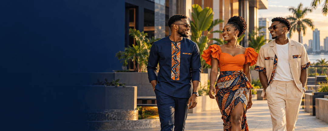 Trois jeunes Camerounais portent des tenues de créateurs locaux