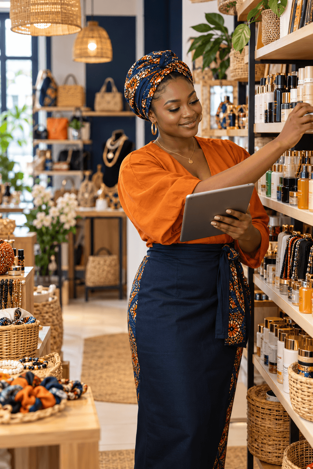 Une commerçante camerounaise organise les produits de sa boutique
