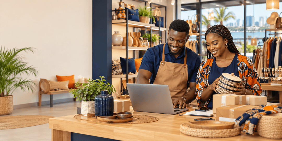 Deux entrepreneurs camerounais préparent leurs commandes en boutique
