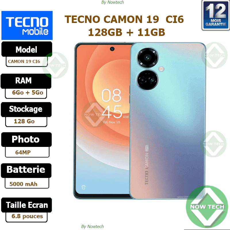 Téléphone Tecno CAMON19 CI6 128Go/6Go+5Go Ram 64MP