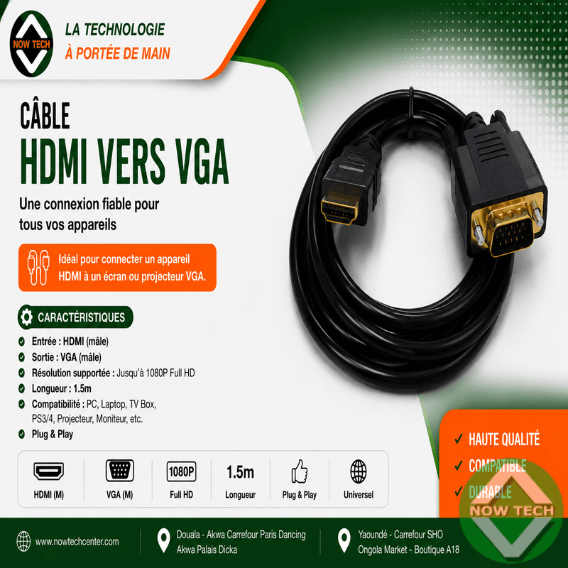 Câble HDMI mâle vers VGA mâle bon prix en vente