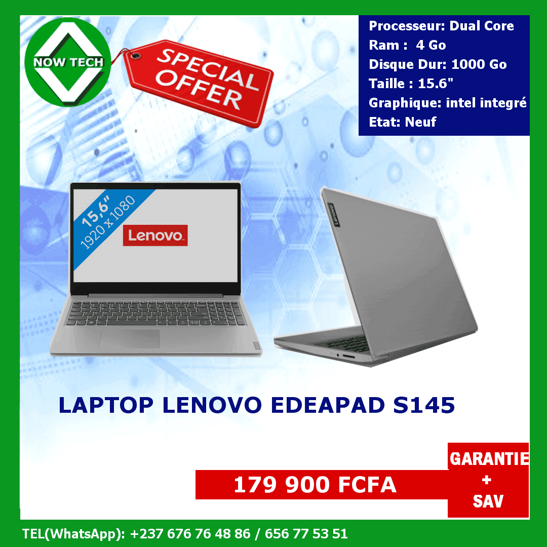 Laptop Lenovo ideapad S145 core duo, 4 Go de Ram, 1000 Go HDD, 15.6" bon prix en vente au cameroun